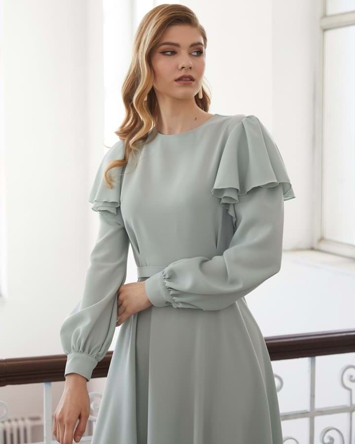 Picture of Linen Mint Kolları volanlı özel gün elbise